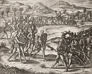 Opis zbrodni wyrządzanych Indianom przez hiszpańskich osadników - Indianie przynoszący konkwistadorom prezenty i złoto - Grawerowanie autorstwa Theodore de Bry w " "Historia niektórych zdewastowanych hiszpańskich Hiszpanów