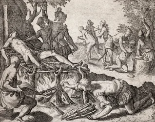 Opis zbrodni wyrządzonych Indianom przez hiszpańskich osadników - Miejsce torturowania Indian przez hiszpańskich konkwistadorów. Tortury na grillu, amputacja rąk - Rycina Theodore