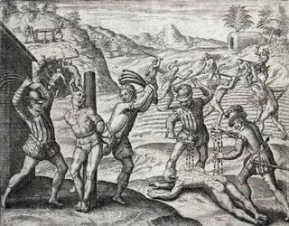 Opis zbrodni popełnionych na Indianach przez hiszpańskich osadników - Hiszpanie torturujący Indian - Grawerowanie Theodore de Bry w „Brevisima Relacion de la Destruction de las Indias” Bartolome de las Casas (1484-1566)
