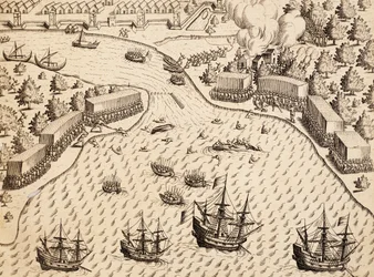 Holendrzy przybywający na wyspę Madura, Jawa, rycina z pracy India Orientalis, Theodor de Bry (1528-1598), Indonezja