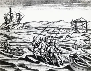 Wyprawa kierowana przez Williama Barentsa (ok. 1550-1597) w poszukiwaniu Przejścia Północno-Wschodniego z Peregrinationes, Theodor de Bry (1528-1598), rycina