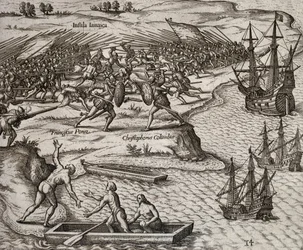 Walka Krzysztofa Kolumba z Francesco Poresio na Jamajce, rycina Theodor de Bry (1528-1598)
