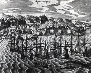 Flota galeonów w porcie Acapulco, autor Theodor de Bry (1528-1598), rycina