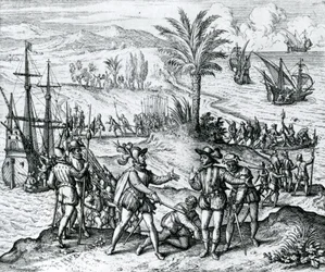 Francisco de Bobadilla przybywa jako gubernator i aresztuje Krzysztofa Kolumba (1451-1506) na Hispanioli, 1500, 1590