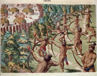 Historia Ameryki: „”Plemię indiańskie atakuje nocą wioskę na Florydzie””Grawerunek z „”Admirante Narratio Americae””Theodore de Bry (1528-1598)