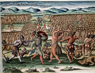 Historia Ameryki: „” Żołnierze wodza Outina (lub Olata Utina) walczący, używając Francuzów z wyprawy Jeana Ribaulta (lub Ribauta), wrogich plemion Potanou””” Grawerowanie z „Admirante Narratio Americae”” (Historia ). z obu Ameryk) przez Theodore