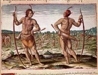Historia Ameryki: „Dwóch mieszkańców Wirginii, indyjska broń ze strzał i łuków” Grawerowanie z „Admirante Narratio Americae” autorstwa Theodore de Bry (1528-1598)
