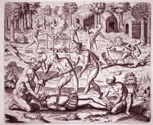 Historia Ameryki: opis tortur wyrządzanych przez Indian hiszpańskim osadnikom, wlewanie złota do ust i krojenie ich członków w celu ich zjedzenia (Grawerowanie