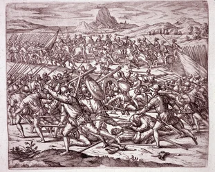 Historia Ameryki: walki pomiędzy armiami Vaca de Castro i Almagro junior po śmierci Francisco Pizarro i Diego de Almagro (Grawerowanie