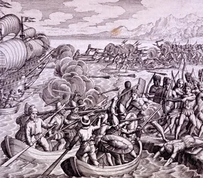 Jak Hiszpanie wylądowali na wyspie Haiti z 400 mężczyznami, którzy wdali się w wielką bitwę z tubylcami, ilustracja z „Podróży Vespucciego do Indii Zachodnich”