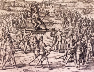 Cesarz Inków Atahualpa pokonany przez hiszpańskie wojska Francisca Pizarra (1475-ok. 1541), Peru, rycina z Historii Ameryki Theodore