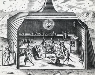 Wnętrze zimowego domu Williama Barentsa (ok. 1550-1597) w rosyjskim archipelagu Nowej Ziemi, rycina Theodor de Bry (1528-1598),