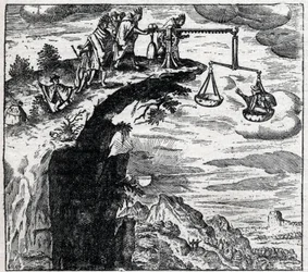Metoda wymuszenia zeznań od przestępcy w Ameryce Południowej w czasie przybycia Hiszpanów; z „Podróży” Teodora de Bry (1528-1598)