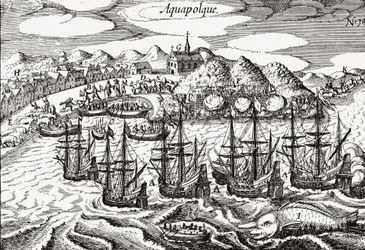 Meksyk, Widok Acapulco - Meksyk (Aquapolque), Theodore de Bry, ca. 1630. Wczesny widok kolonialnej osady w Acapulco, którą Hiszpanie wykorzystywali jako główny port dla handlu na Pacyfiku z Filipinami. Port jest wypełniony galeonami i lar