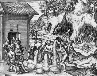 Wydobycie minerałów w Ameryce Środkowej i Południowej, rycina z Americae pars V, Theodor de Bry (1561-1623)