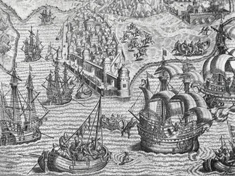 Bitwa morska, grawerowanie z historii Ameryki przez Theodore de Bry (1528-1598), Frankfurt