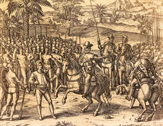 Pizarro witany przez tubylców, ilustracja z historii Ameryki, Theodore de Bry