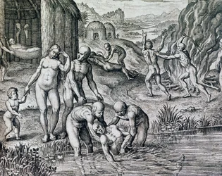 Środki stosowane przez tubylców przeciwko chorobom, rycina z Historia America, Theodor de Bry (1528-1598), Frankfurt