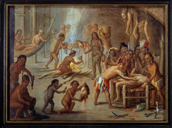 Scena kanibalizmu w Brazylii w 1644 r. Indianie pożerali swoich wrogów i więźniów. Obraz Jana van Kessela dit le vieux (1626-1679) (ec.flam.) z ilustracji podróży Teodora de Bry do Brazylii. Słońce. 0,18x0,24 m La Rochelle, muzeum d