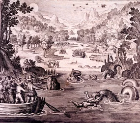 Sir Walter Raleigh: Odkrycie wielkiego, bogatego i pięknego imperium Gujany, z „Newe Weld un Americanische Historien” Johanna Ludwiga Gottfrieda, 1631