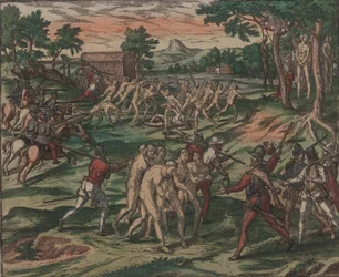 Niewolnicy próbują pokonać swoich hiszpańskich właścicieli, ale zostają schwytani i powieszeni na drzewach, 1595.