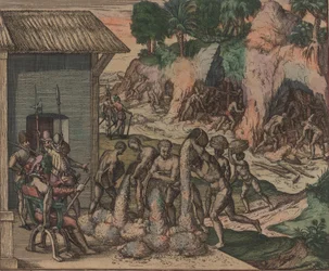 Niewolnicy wylewają rudę przed europejskimi żołnierzami. W tle niewolnicy pracują w kopalniach, 1595.