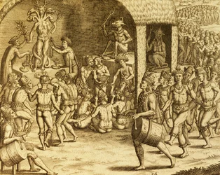 Południowoamerykański rdzenny obrządek religijny, rycina z Historia americae, autorstwa Theodora de Bry (1528-1598), Frankfurt