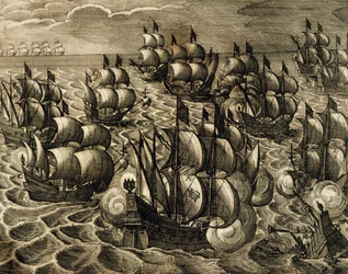 Hiszpański dowództwo Armady Rodrigo Mendozy , grawerowanie przez Theodore de Bry (1528-1598) zaczerpnięte z Historii Ameryki przez Theodore de Bry, Hiszpania, 1602