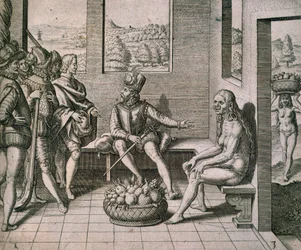 Hiszpańscy zdobywcy spotykają tubylcze kobiety w Ameryce — Theodore de Bry