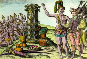 Florydzi przybyli na erygeę kolumnową francuskiego żeglarza Jeana Ribaulta (1520-1565) z pierwszej wyprawy na Florydę Grawerowanie z „Historii Ameryki” Theodore