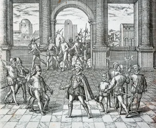 Król Inków Atahualpa wzięty do niewoli przez Hiszpanów w Cajamarca, Illuistration from American History by Theodore de Bry