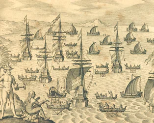 Wyspa złodziei, grawerowanie z historii Ameryki przez Theodore de Bry, Ameryka Północna 17 wieku.