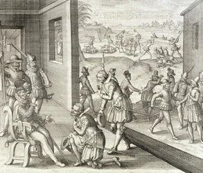 Hiszpanie zdobywają Fort Caroline, 1565, z "Newe Welt und Americanische Historien" Johanna Ludwiga Gottfrieda, wydanej przez Mattaeusa Meriana, Frankfurt, 1631.