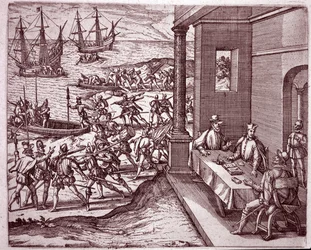 Hiszpańscy konkwistadorzy Francisco Pizarro, Diego de Almagro i Hernando de Luque połączyli siły, by podbić Peru (Grawerowanie