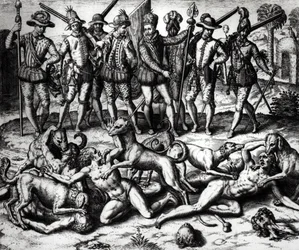 Psy Vasco Nuneza de Balboa (1475-1571) atakujące Indian