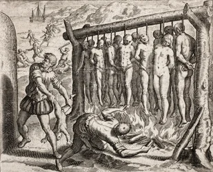 Trzynaście powieszonych i spalonych ofiar, przedstawienie zbrodni zadawanych Indianom przez hiszpańskich osadników, z dzieła „Narratio regionum indicarum per Hispanos quosdam devastatarum verissima” Bartolomé de las Casasa