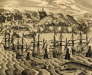 Widok portu Acapulco w Meksyku, rycina z Historii Americae, Theodor de Bry (1528-1598), Frankfurt