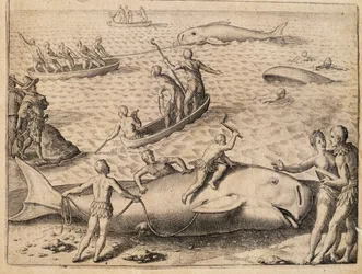 Wielorybnictwo w pobliżu Spitsbergenu, grawerowanie Theodora de Bry (1528-1598) z India Orientalis (Indie Wschodnie)