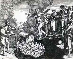 Kobieta rzucająca się na stos męża, Theodor de Bry (1528-1598), rycina