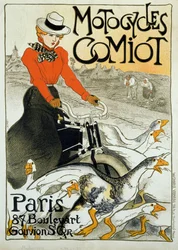 Plakat reklamowy motocykli Comiot. Młoda kobieta na motorowerze toczy się wśród grupy gęsi. Plakat Teofila Alexandre Steinlena (1859-1923). 1899. Paryż, sztuka dekoracyjna.