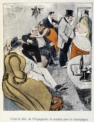 Filles et Marlous: To święto Hiszpanów: notariusz płaci szampana – w „Dans la vie” Steinlena 1901 (ten sam rysunek co nr 27695)