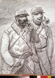 I wojna światowa: „Włochaty w 1915”, żołnierze francuscy. Rysunek Teofila Alexandre Steinlena (1859-1923)