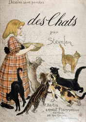 Dziewczyna przynosząca kotom miskę mleka - okładka „Koty” Steinlen, b.d. 19.
