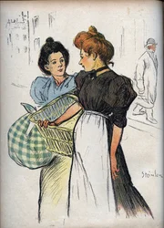 Les blechisseuses Rysunek Theophile Alexandre Steinlen (1859-1923) – w „Le Rire”” z 1898 r. – Dwie praczki – Gdybyś musiała wysłuchać wszystkich klientów, oznaczałoby to dla nas za dużo prania do czyszczenia