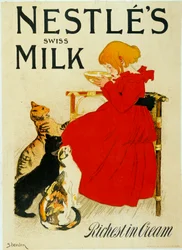 Reklama Nestle: „”Szwajcarskie mleko Nestle””. Dziewczyna pije miskę mleka przed zazdrosnymi kotami. Plakat Teofila Alexandre Steinlena (1859 - 1923), XX wiek. Paryż, Sztuka dekoracyjna.