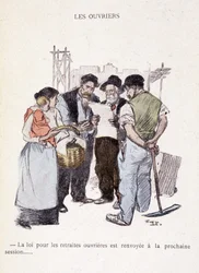 Robotnicy: Ustawa o emeryturach pracowniczych zostaje przełożona na kolejną sesję... - w „W życiu” Steinlen 1901