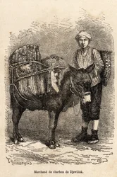 Kupiec węglowy ze swoim osłem w Djewilisk (północna Anatolia), wyryty według rysunku narratora, ilustrującego podróż po Lazistanie i Armenii, z 1869 roku, autorstwa Theophile Deyrolle, opublikowanego w „Le tour du monde” 1875, pod redakcją Edouarda Charton