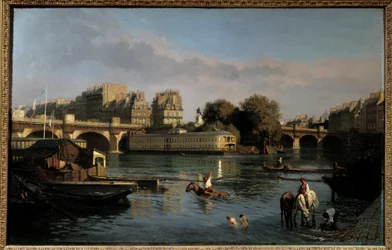 Nowy most i czubek Ile de la Cite. Widok na Paryż. Obraz Teofila Meuniera (1800-1884)