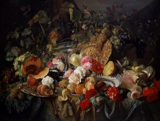 Martwa natura z różami i owocami. Obraz autorstwa Theude Gronland (1817-1876)