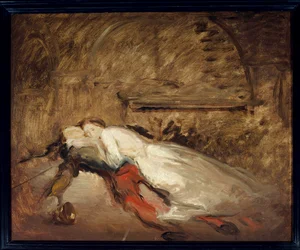 Les lovers Romeo et Juliet Ilustracja do utworu Williama Szekspira (1564-1616) o tym samym tytule przedstawiająca śmierć kochanków w scenie 3 aktu V. Esquisse de Theodore Chasseriau (1819-1856) nd. 0,50 x 0,61 m Paryż. Muzeum w Luwrze